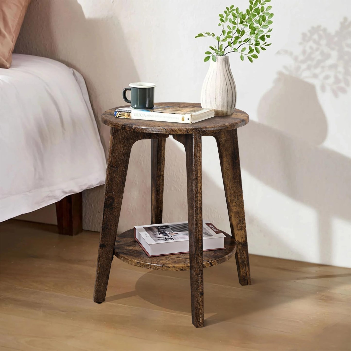 Small Round Side Table Wooden End Table with Lower Shelf Modern Nightstand Bedside Table for Small Spaces, Living Room, Bedroom Retro Brown