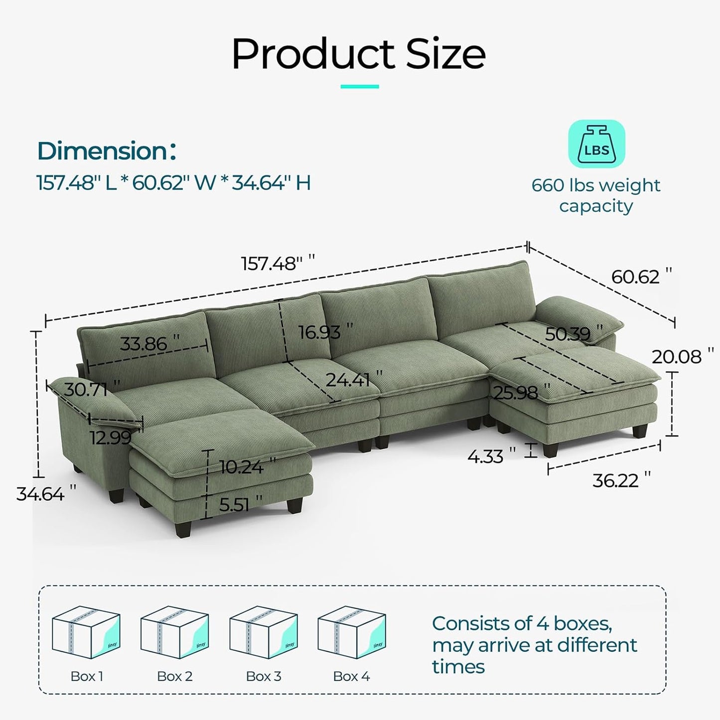 LINSY HOME Modular Sectional Sofa - 157'' Oversized Corduroy Cloud Couch U Shaped Couch with Movable Ottoman Soft Modern Comfy Sofa for Living Room Apartment Office, Green
