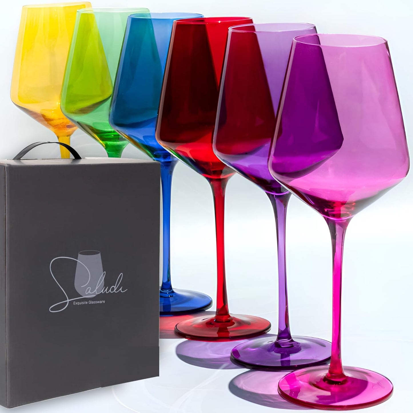 Saludi Colored Wine Glasses, 16.5oz (Set of 6) Stemmed Frida-Color Glass - Great for all Wine Types and Occasions - Luxury, Durable, Hand-Blown
