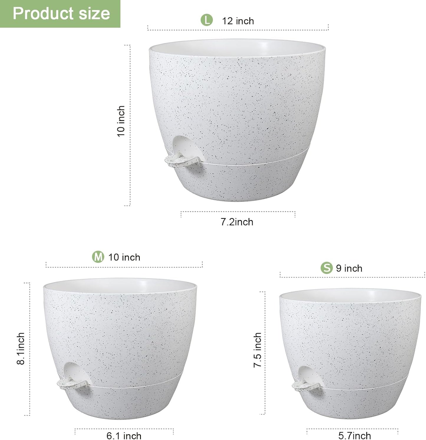 12/10/9 inch Large Self Watering Pots, Plant Pots with Mesh Drainage Holes for Indoor Outdoor Garden Plants, Flower Pots with Deep Reservoir, Set of 3 Plastic Planters, Specked White