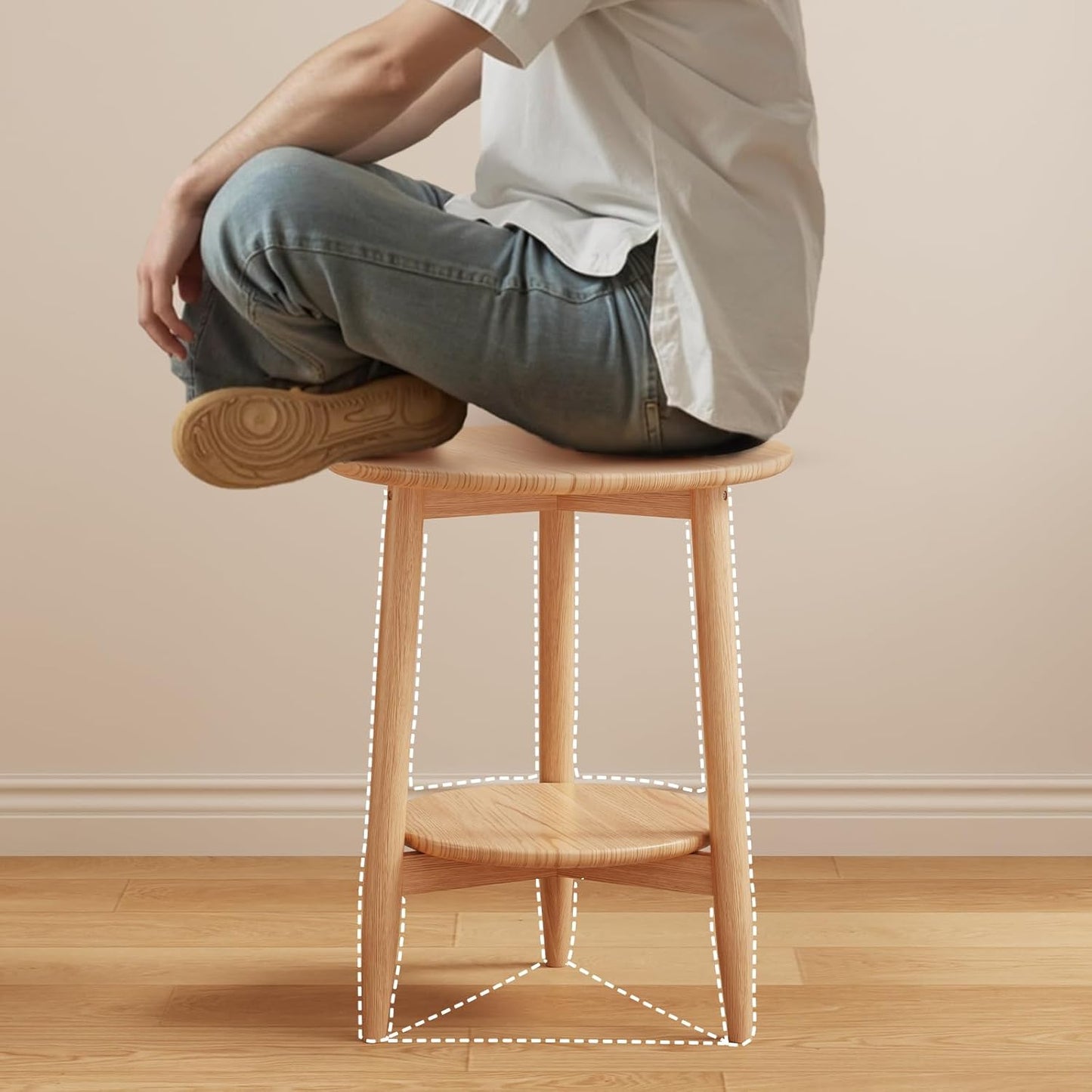 Round End Table,Solid Wood Small Round Table with Lower Shelf,Round Side Table，Nightstand for Small Spaces,Living Room,Bedroom(Natural)