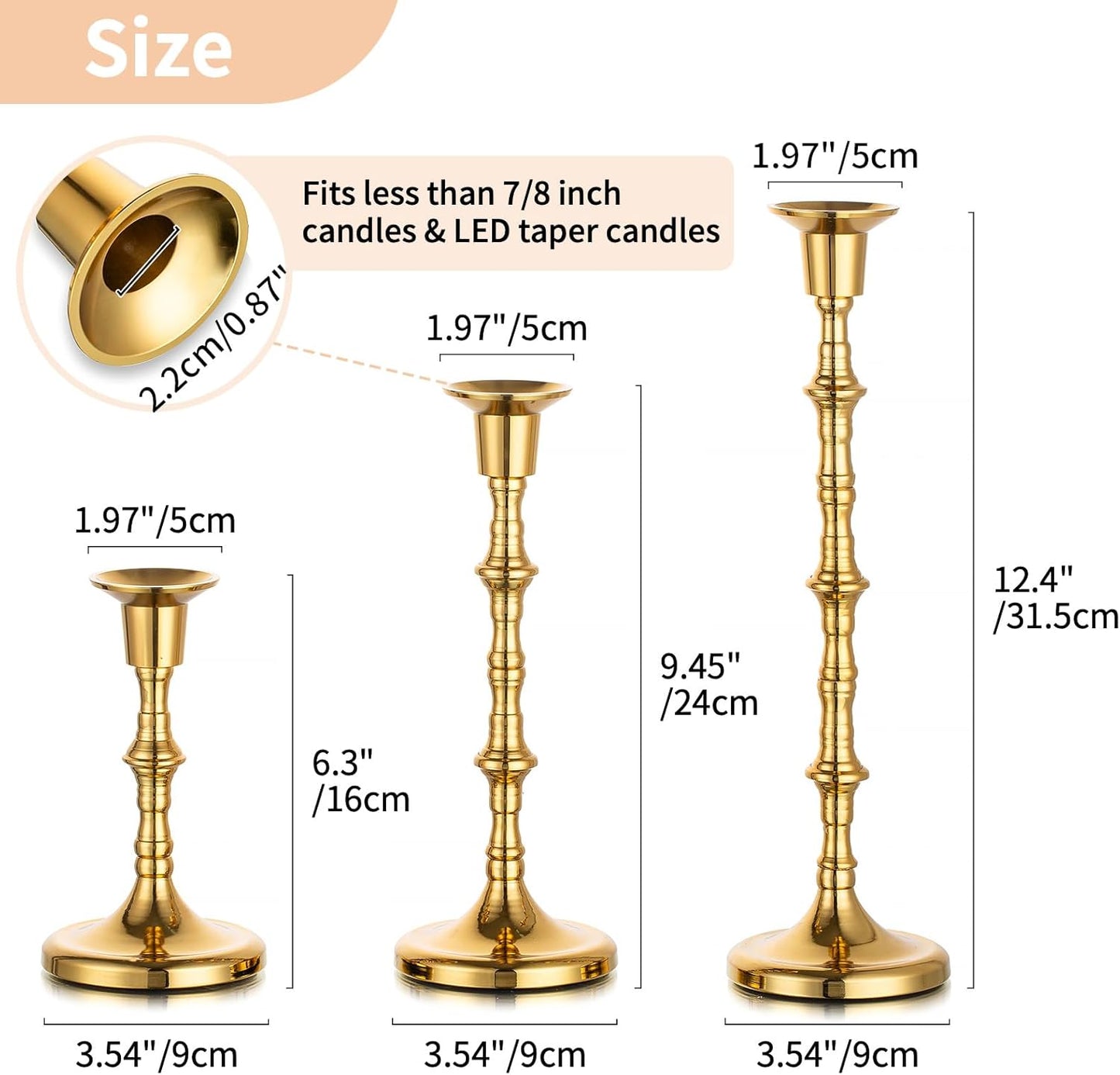 Nuptio Brass Candlestick Holders for Centerpiece: Set of 3 Gold Taper Candle Stick Holders for Home Dining Table Fireplace Decor