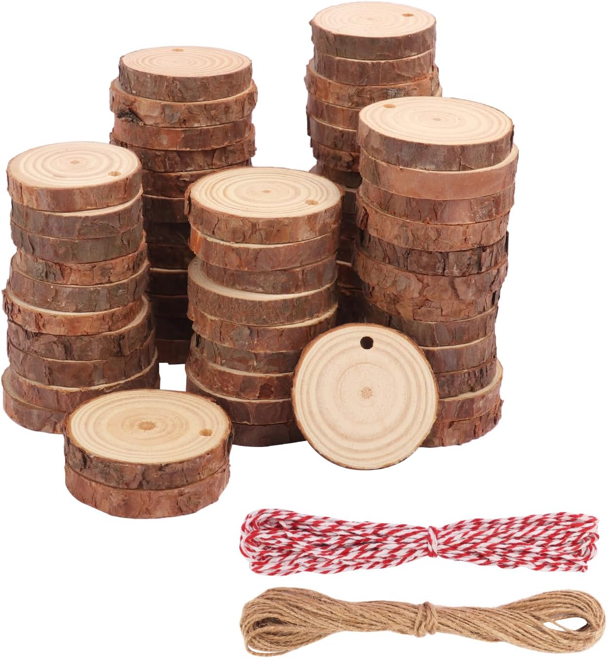 100 PCS 2 Inch - 2.4 Inch Small Wood Slices, Mini Wood Slices with Hole for DIY Arts Craft Christmas Ornaments