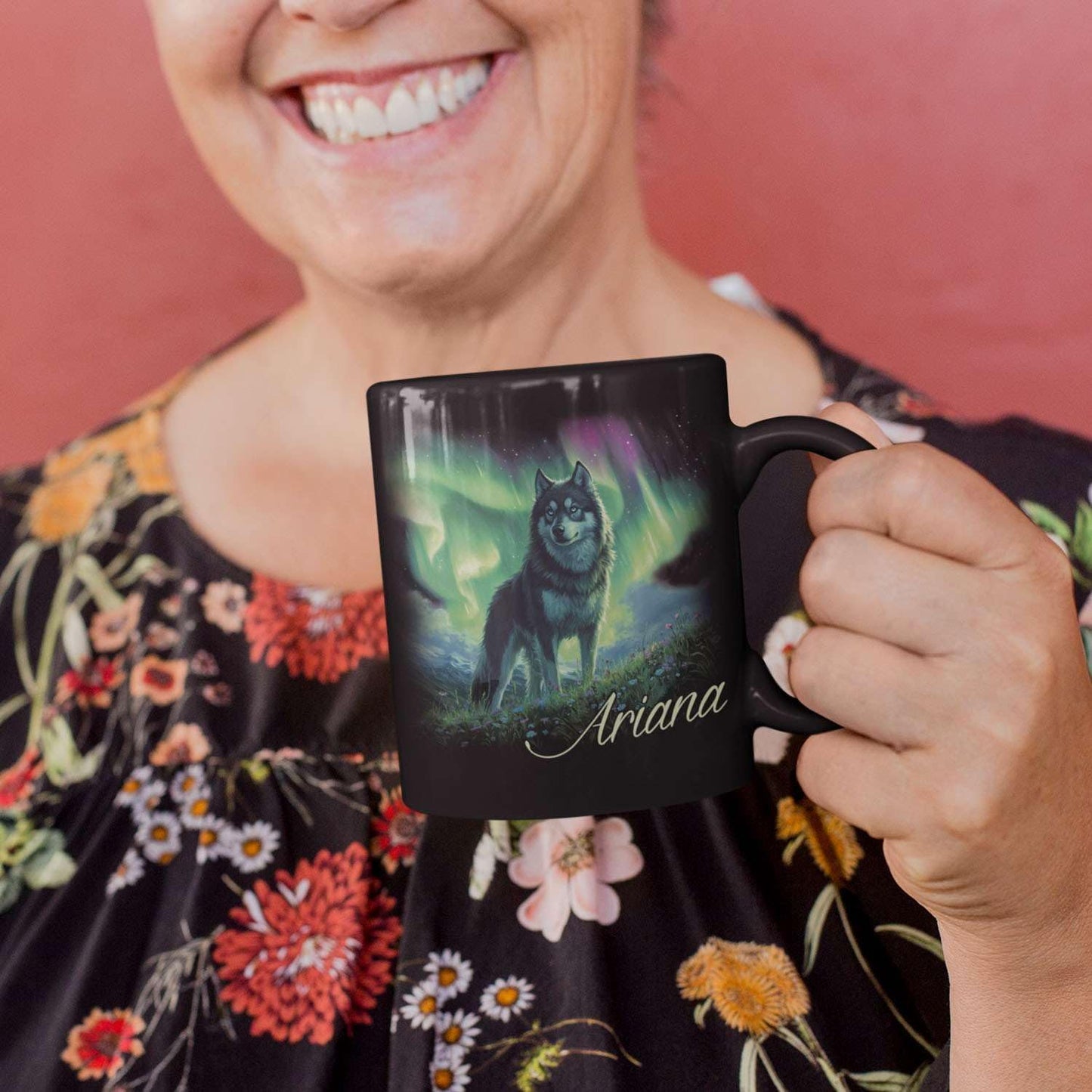 Personalized Husky With Northern Lights Coffee Mug, Custom Name Black Cup 11oz 15oz, Customized Cute Husky Dog Ceramic Mug, Gift For Animal Lovers, Beautiful Landscape Keepsake Cup