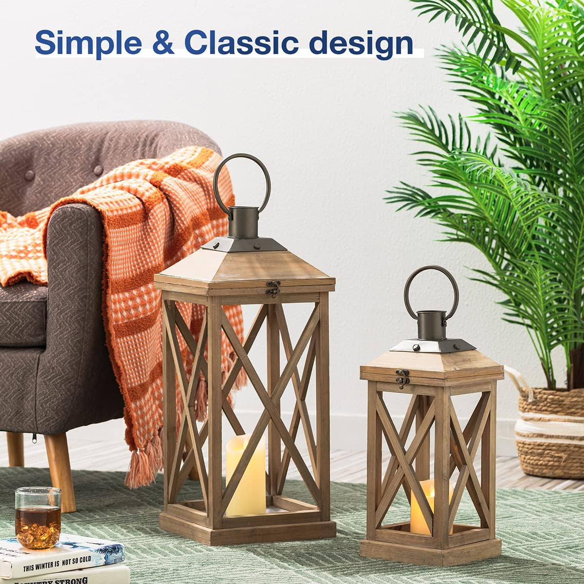 Glitzhome Mondern Farmhouse Wood Metal Lanterns Decorative Hanging Candle Lanterns Set of 2, Natural (No Glass)