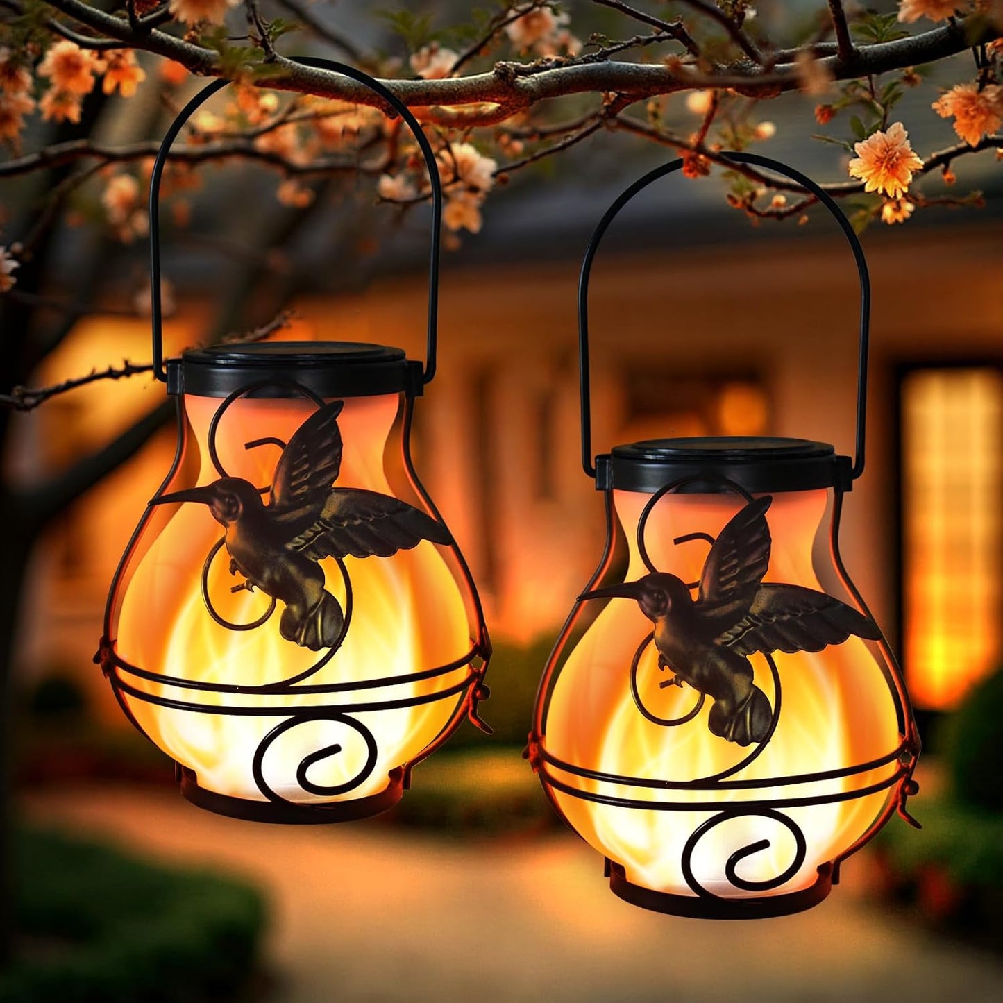 2 Pack Solar Lanterns Outdoor Waterproof Flickering Flame Lights Hummingbird Metal Hanging Solar Lantern Patio Porch Garden Decoration