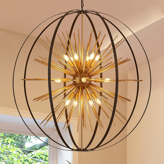 43.3" Black Gold 18-Light Globe Sputnik Chandelier Modern Adjustable Hanging Ceiling Firework Pendant Light Fixture for Entryway Foyer Stairway Kitchen Dining Living Room Hallway