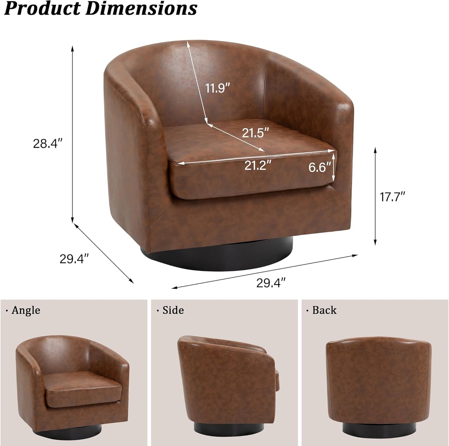 Swivel Barrel Accent Chair, Modern Round Faux Leather Arm Chair for Living Room, Bedroom, Comfy Club Reading Chairs for Adults(Faux Leather, Coffee, Set of 4)