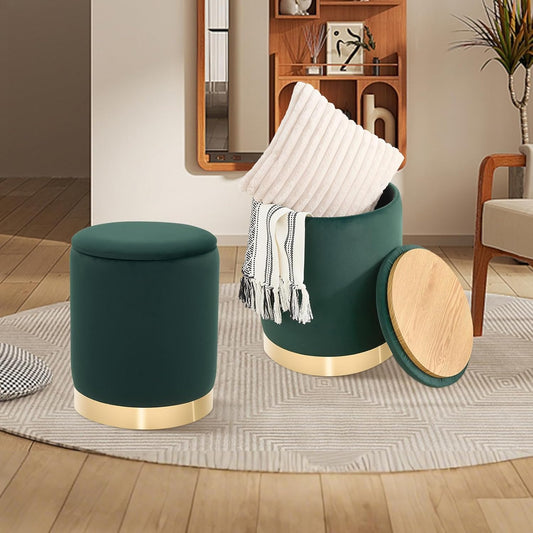 Round Ottoman with Storage Set of 2, Upholstered Velvet Storage Ottomans, Vanity Stool, Multifunctional Ottomans, Coffee Table Foot Rest Ottoman for Living Room Bedroom, Green
