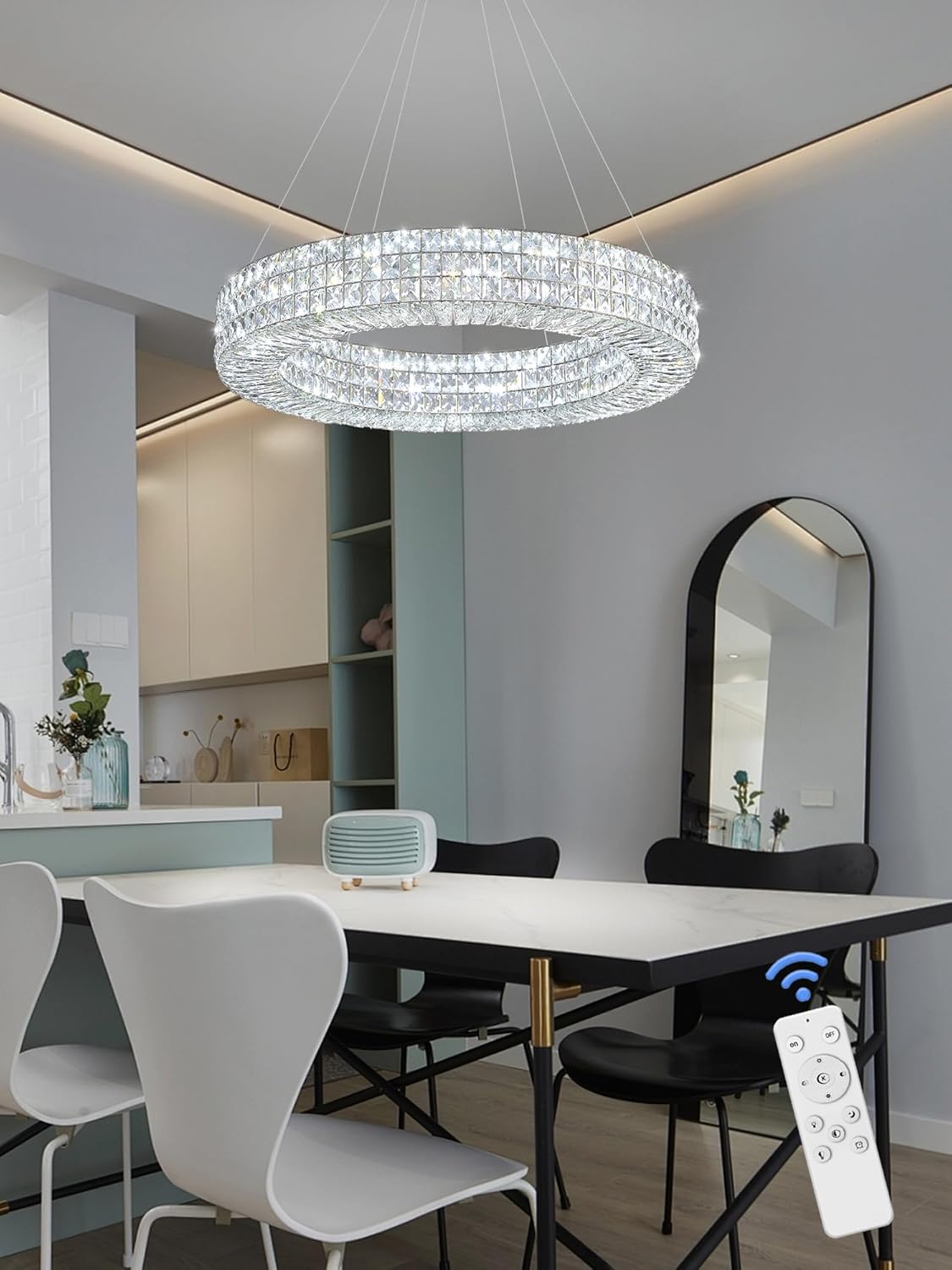 Dia 24" Modern Crystal Chandelier Silver Ring Chandelier Adjustable Height Luxury Crystal Pendant Ceiling Light Fixture for Dining Living Room Bedroom