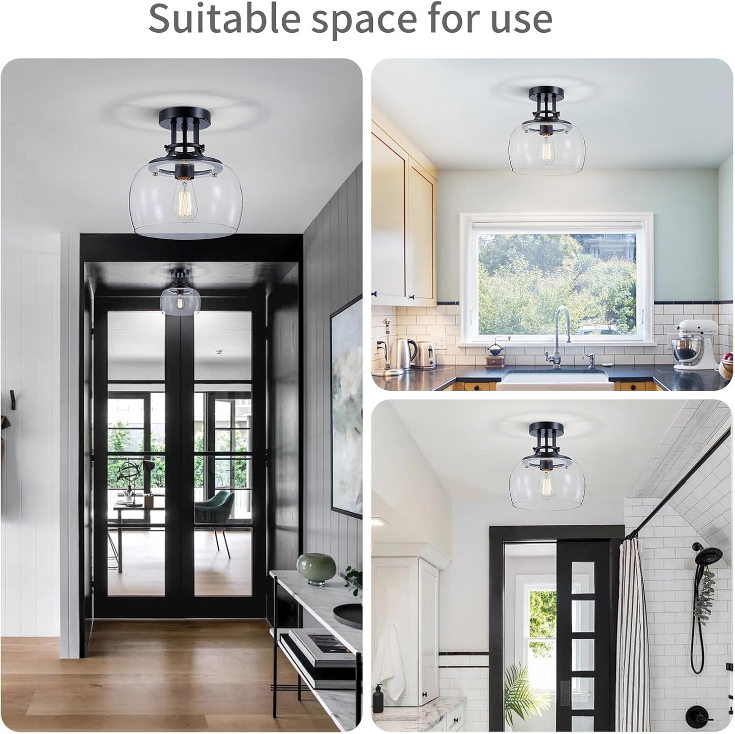 WUZUPS Chandelier Rustic Farmhouse Industrial Round Semi-flushmount Ceiling LED Light Fixture with Clear Glass Shades for Bathroom Kitchen Foyer Entryway, H 10" x W 10", E26 Base, Black