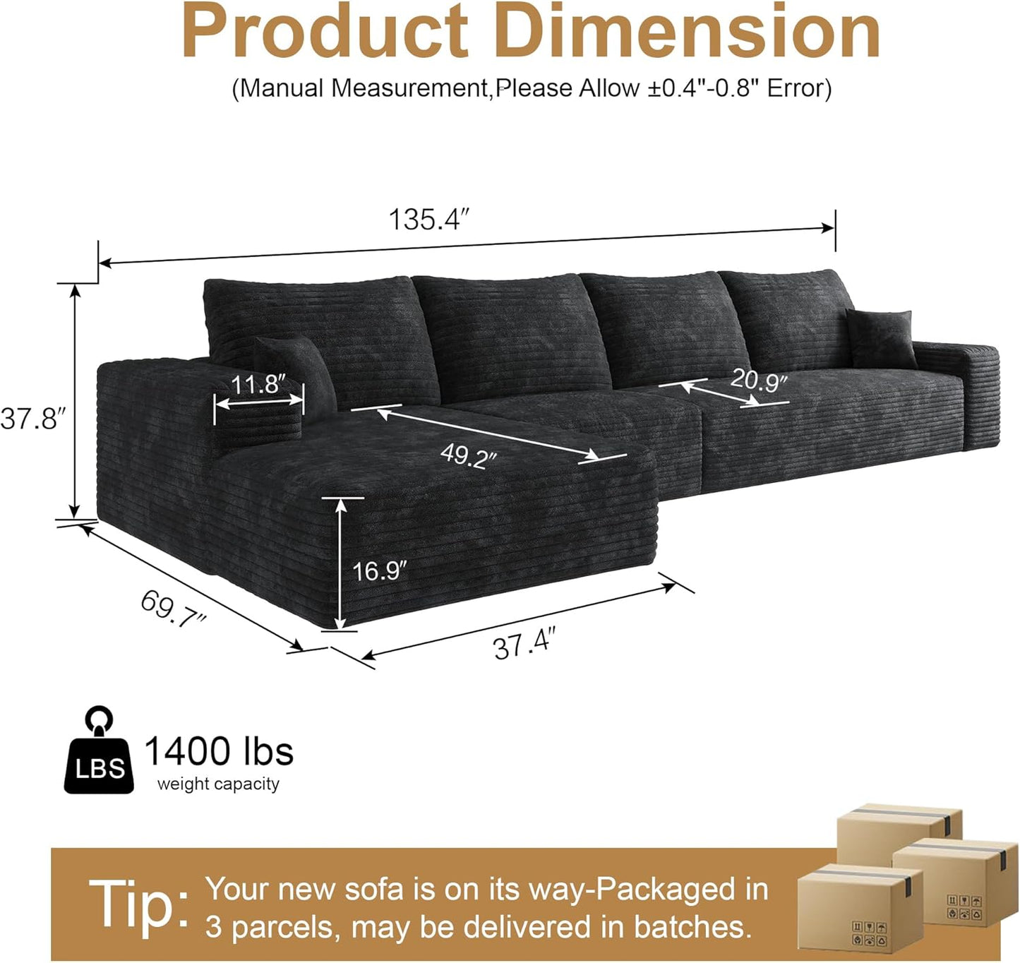 136" Sectional Couches for Living Room Modern Modular Sofa with L-Shape Couchs Upholstered Boneless Couch Deep Seat Sectional Couch with Chaise (Black, Left Facing Chaise+3Seaters)