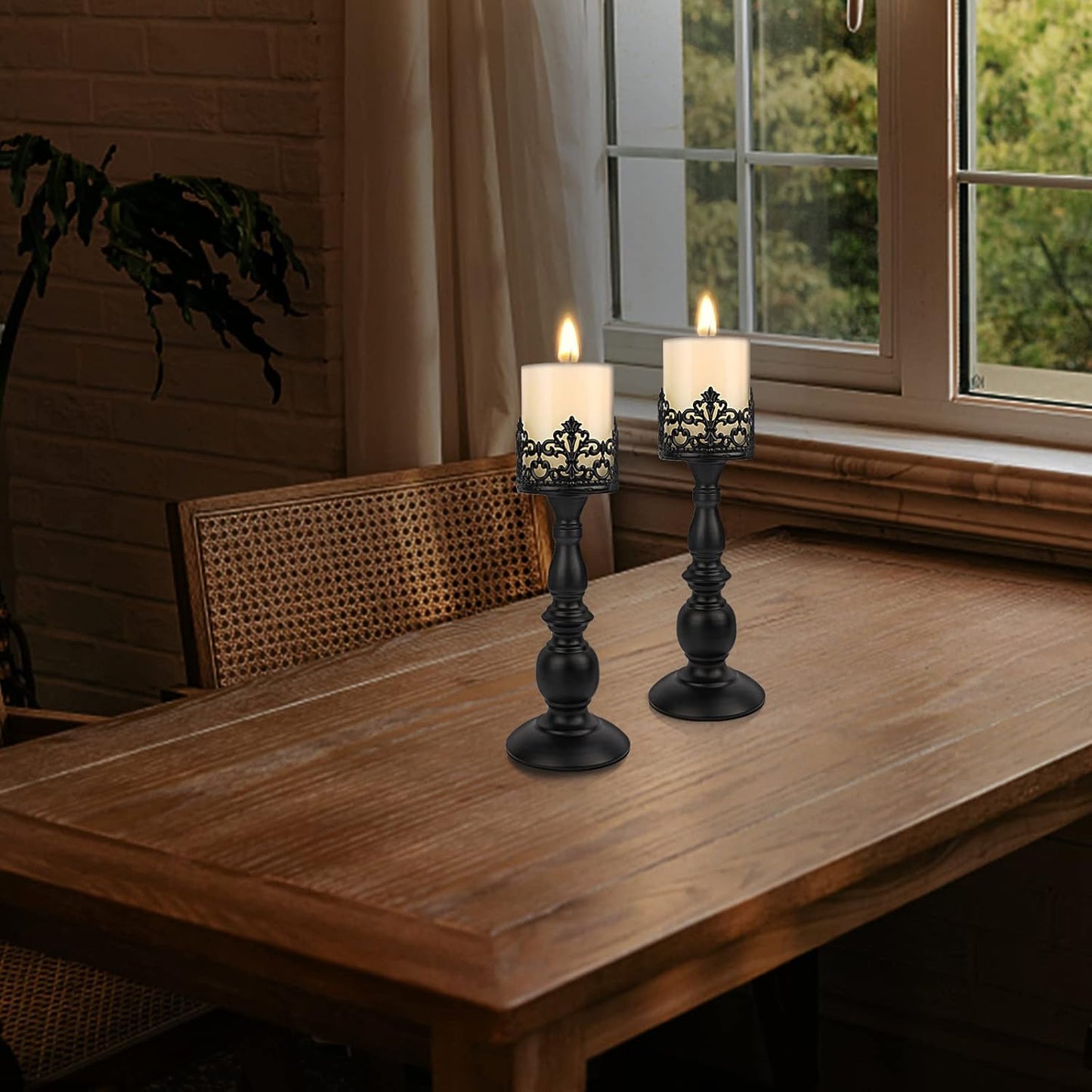 Candle Holders for Pillar Candles Gothic Matte Black Vintage Tall Candle Holders Set of 2 Decorative Large Table Centerpieces Candle Stand Decor (Black 2PCS A)