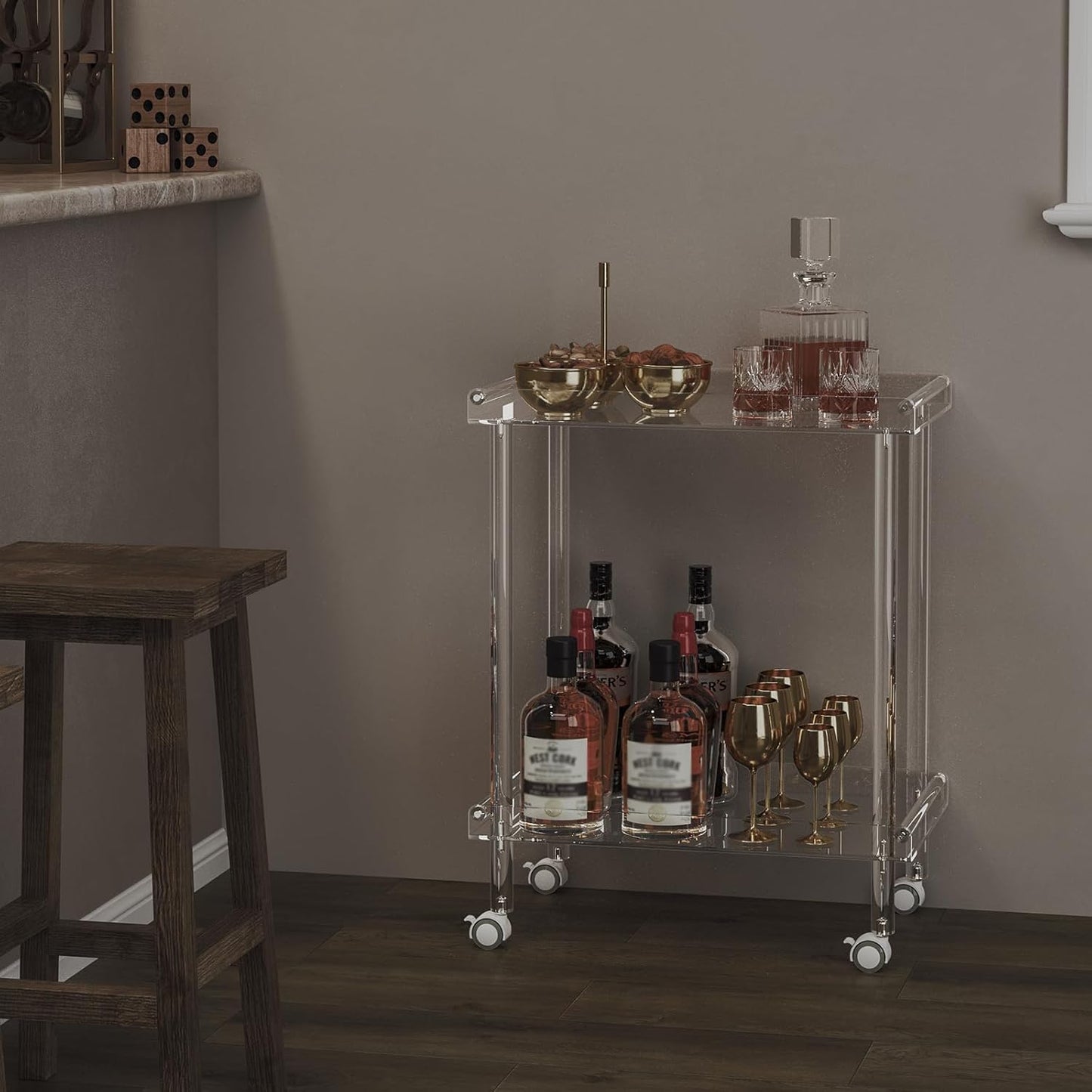HMYHUM Acrylic Bar Cart, Rolling Serving Cart with 4 Lockable Wheels for The Home Bar, Kitchen, Living Room, Modern, 2-Tier, 23.6" L x 15" W x 30" H, Clear
