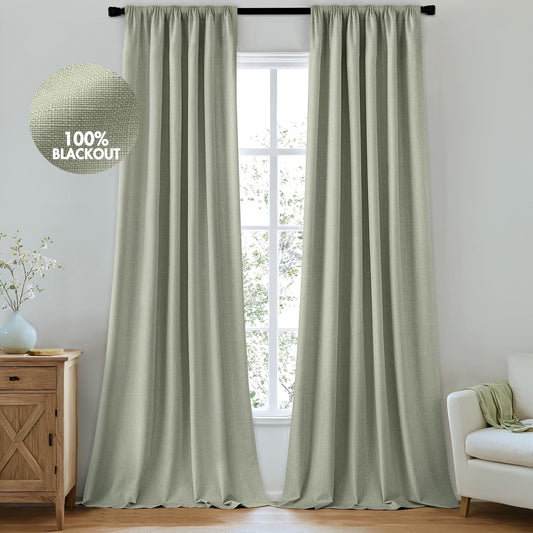 MIULEE 100% Blackout Curtains 120 Inch Long 2 Panels for Bedroom, Thick Luxury Faux Linen Black Out Curtain Room Darkening Back Tab Pleat Window Textured Drapes with Hooks for Living Room, Sage Green