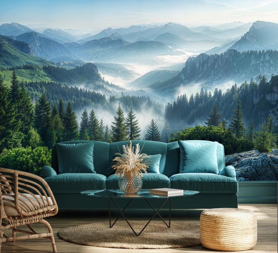 Misty Pine Forest Wallpaper Mountain Peaks Landscape Landscape Wall Mural (Not Peel and Stick)