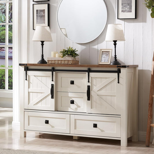T4TREAM Farmhouse Dresser for Bedroom w/4 Drawers & Sliding Barn Doors, 48'' Wide Chest of Drawers, Rustic Dresser TV Stand w/Shelf, Organizer for Bedroom, Living Room, Entryway, Antique White