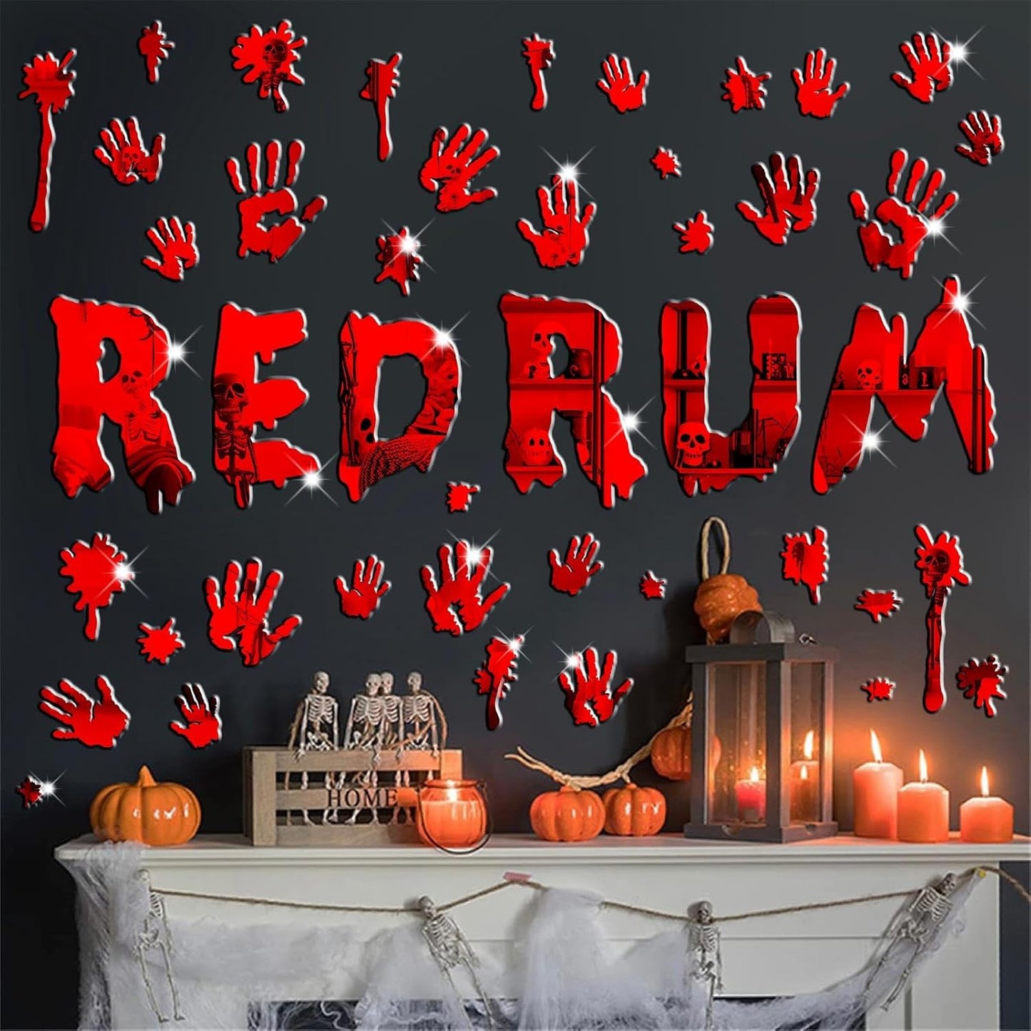 Halloween Decorations Stickers for Wall Bloody Handprint Decals for Bathroom Mirror Acrylic Halloween Party Supplies Decal Peel and Stick Scary Red Blood Stickers for Haunted House Party Home Office