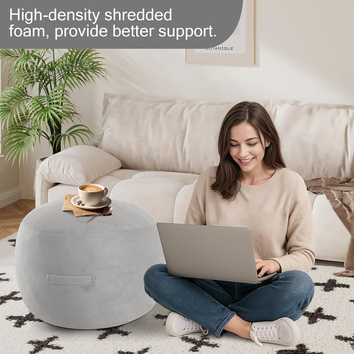 MeMoreCool Round Stuffed Pouf Ottoman Foot Rest, Floor Pouf Foot Stool with Soft Foam Chunk Filling, Small Round Ottoman Footstool Circle Footrest for Living Room, Light Grey