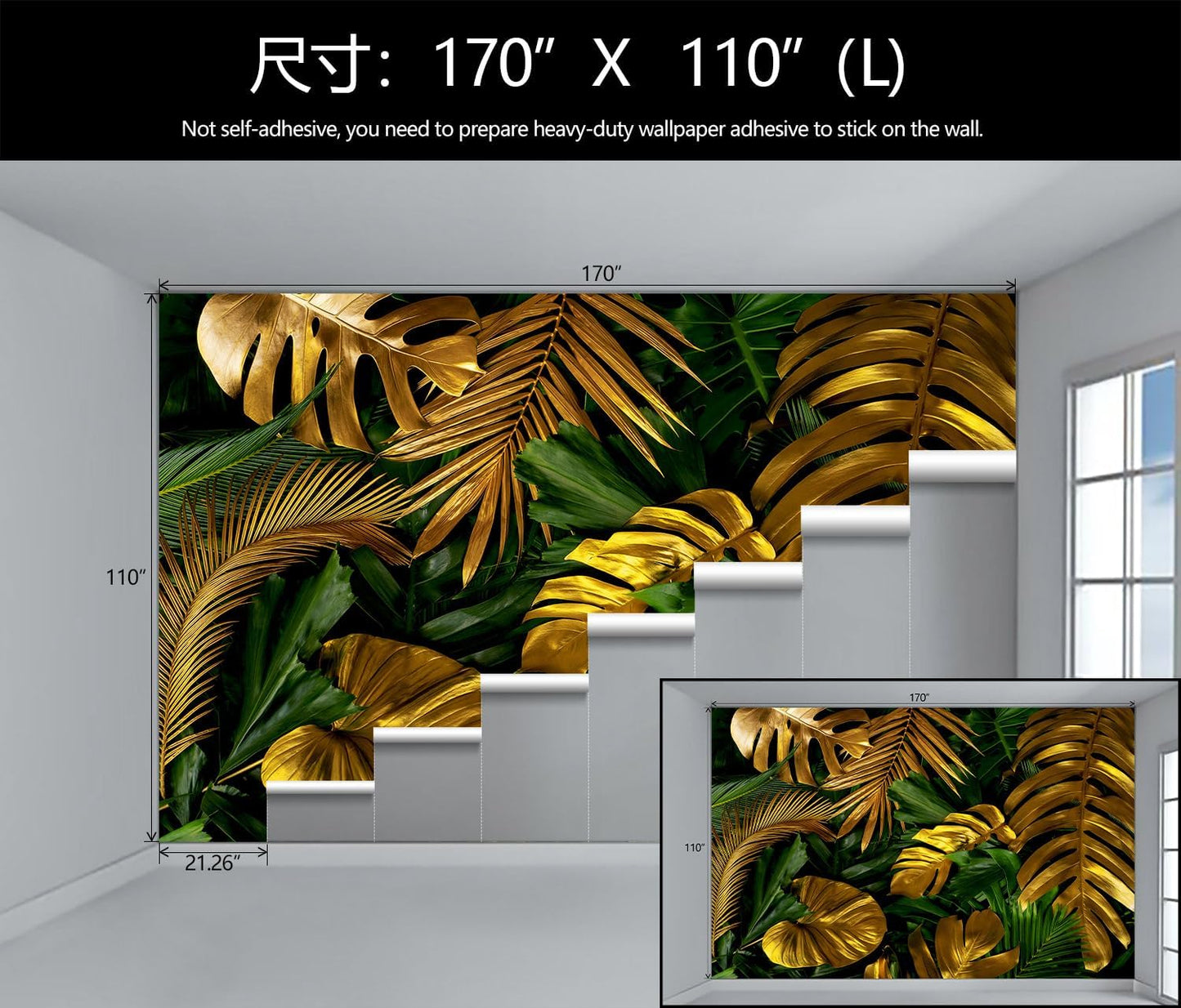 WFBHUA-Gold and Green Tropical Jungle Palm Leaf Wallpaper Mural Monstera Wall Mural for Living Room Bedroom (Not Peel and Stick)