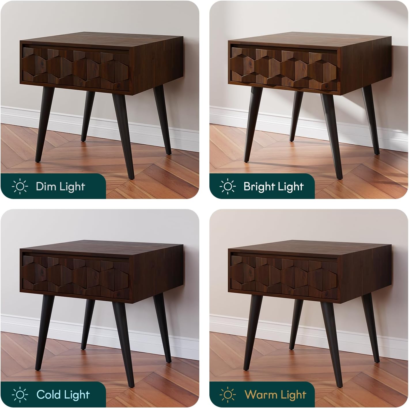 Bme Georgina Solid Wood Nightstands with Drawers - Fully Assembled Rustic Geometric Pattern Bedside Cabinet - Mid Century Modern Side Table for Living Room, Bedroom