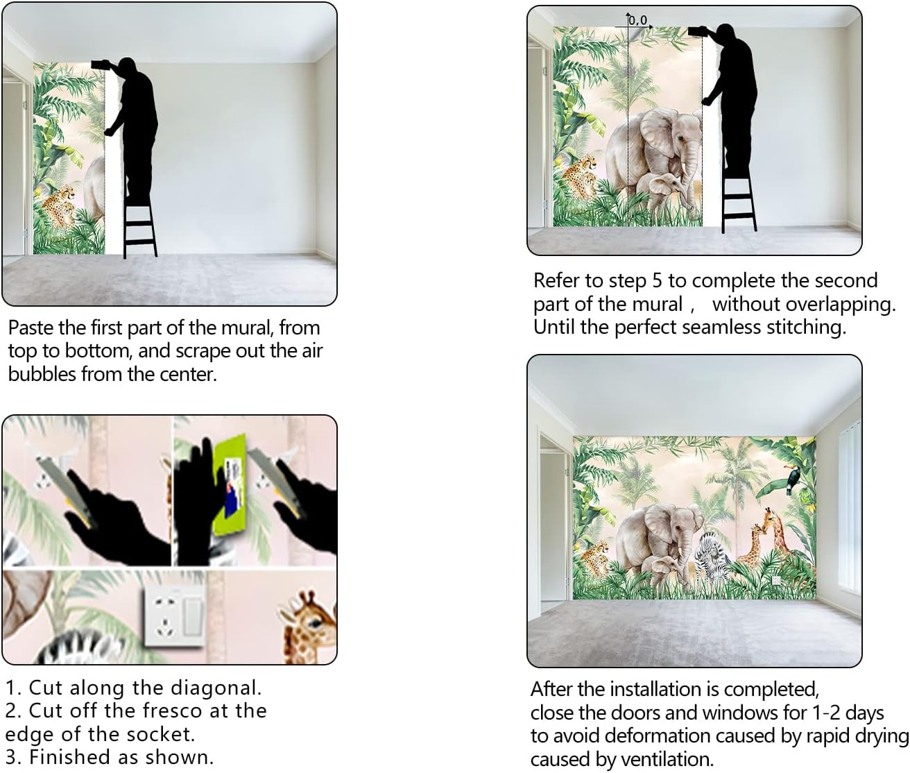 Tropical Animal Plants wallpeper Nursery Kids Bedroom Elephant Wall Mural - 91"x65"（Not Peel and Stick）