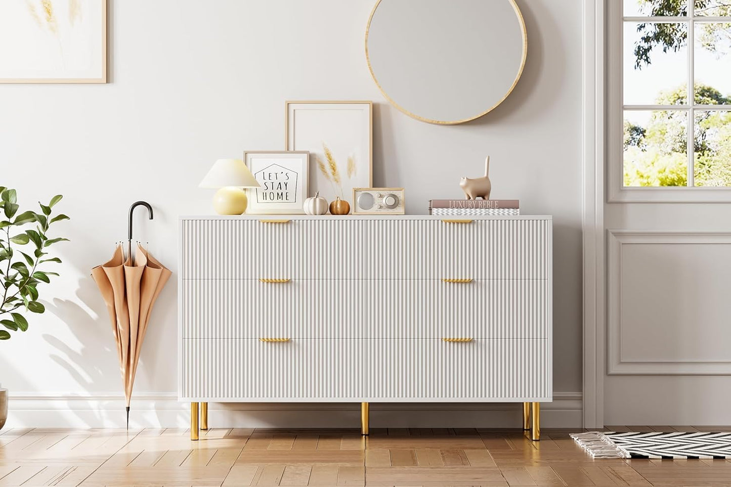 GAOMON 6 Drawer Dresser, Wood Chest of Drawers Organizer Storage with Gold Handle, Large Storage Cabinet, Modern Design Dresser for Bedroom, Living Room, Closet, Hallway, Entryway, White