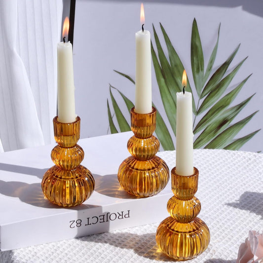 Woho Amber Taper Candle Holders 4.3" H for Halloween/Thanksgiving Decorations, Set of 3 Ribbed Glass Candlestick Holders Vintage for Fall Wedding, Boho Candle Sticks Holder Decor for Dining Table