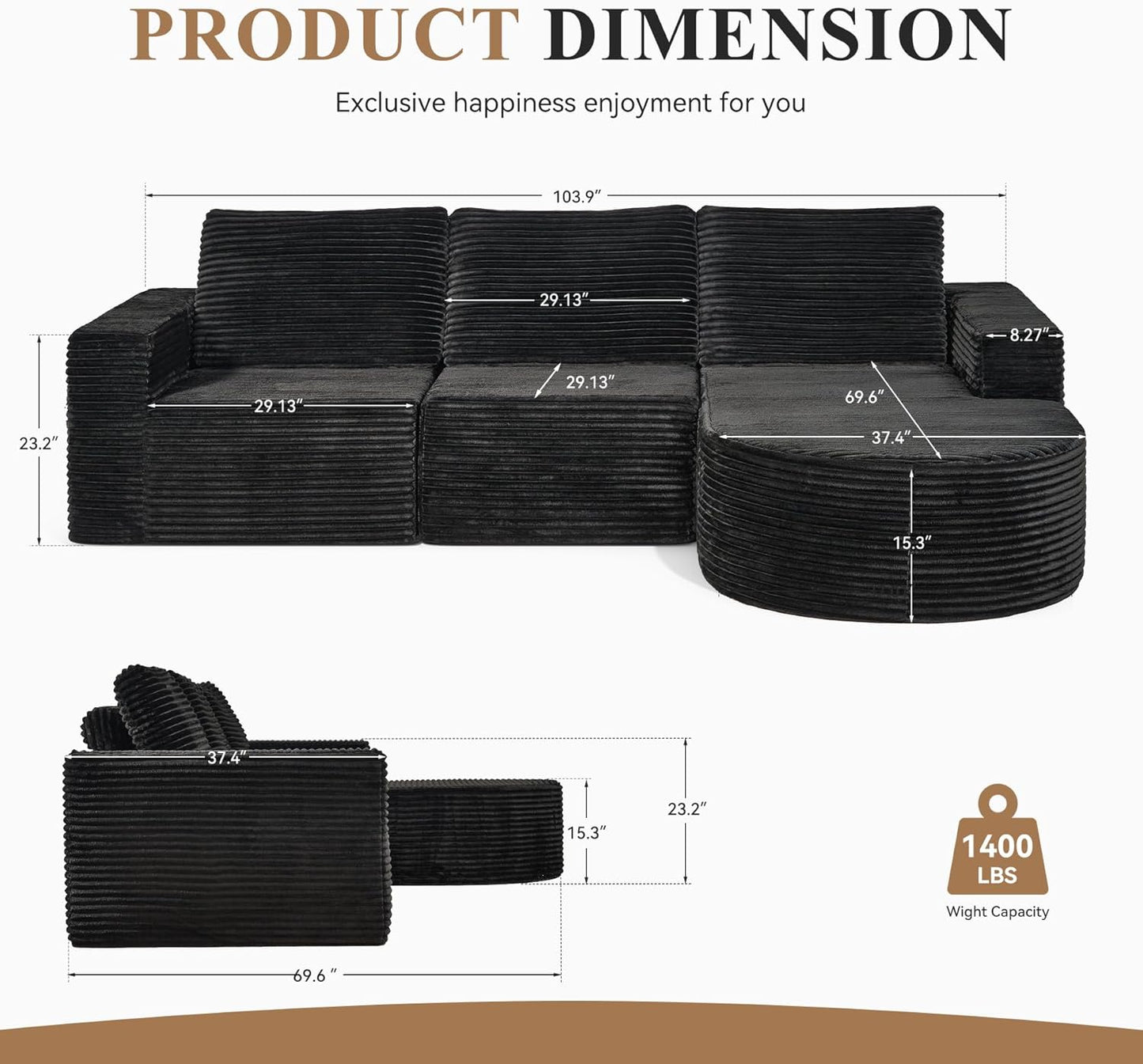 Modular Sectional Sofa with L-Shape Chaise,Cloud Sectional Modern Sleeper Couch with Deep Seat,Sponge Compression Sofas No Assembly Required (Black-Sherpa Fabric) 1PCS