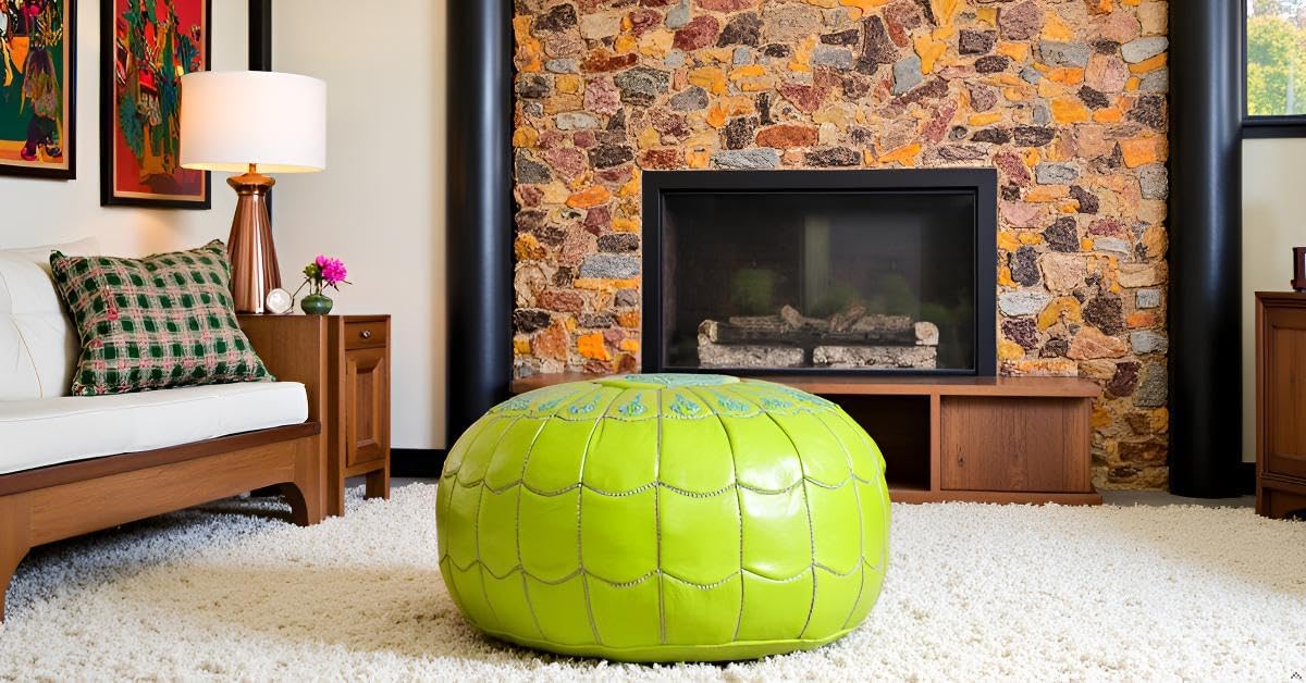 Stuffed Arch Design Moroccan Leather Pouf Ottoman, Handmade, Pre-Filled, 100% Genuine Leather, 14” Height x 22” Diameter – Boho Chic Footstool & Living Room Décor (Lime Green)