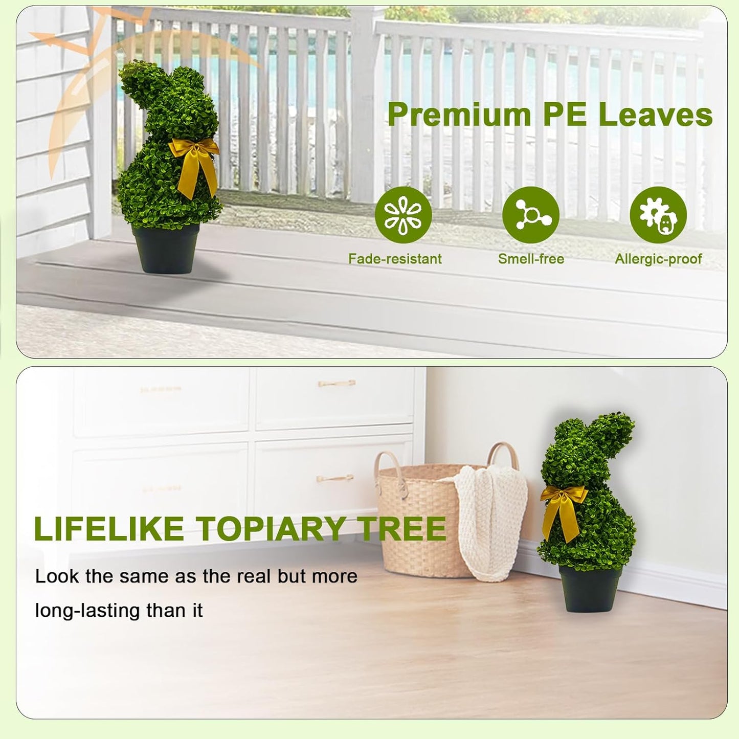 2 Pcs Artificial Bunny Shaped Topiary Trees, Artificial Green Boxwood Bunny Decorations with Gold Bow, Perfect for Indoor & Outdoor Front Porch, Easter& Garden Decor (Bunny Tree with Base)