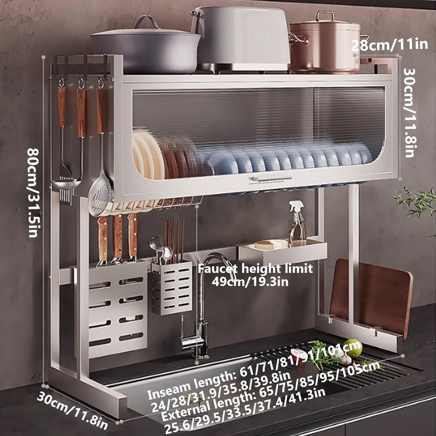 Home Furnishing Dish Rack Over Sink Stainless Steel Over The Sink Dish Drainer Drying Rack Space Kitchen Sink Rack Multifunctional countertop Dish Storage Rack Sink(Metallic,95cm/37.4in)