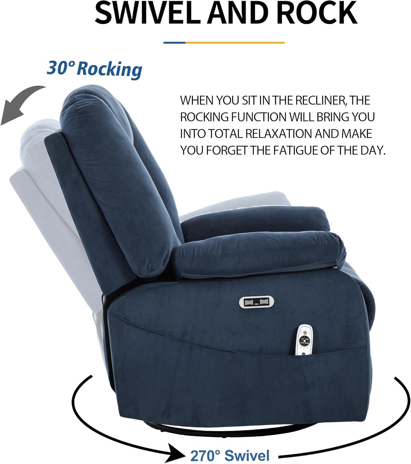 Power Swivel Rocker Recliner Chair for Adults,Rocking Recliners Chairs with Massage and Heat for Living Room, Electric Fabric Reclining Sofa Chair with USB and Type-C Port (Fabirc Blue)
