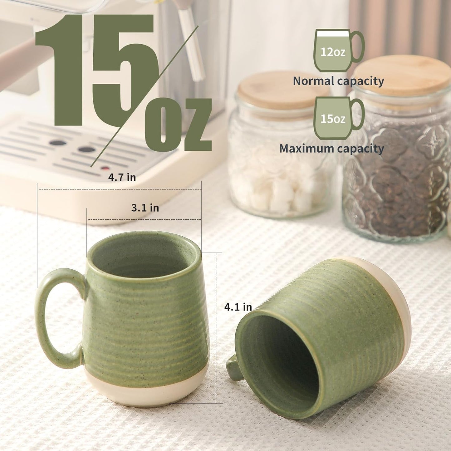 Large Ceramic Coffee Mugs Set - 15 OZ Porcelain Coffee Latte Cups Set of 4 with Handle Perfect for Cappuccino, Tea, Mocha, Hot or Cold Drinks, Unique Glaze Design for Home, Cafe and Coffee Bar, Green