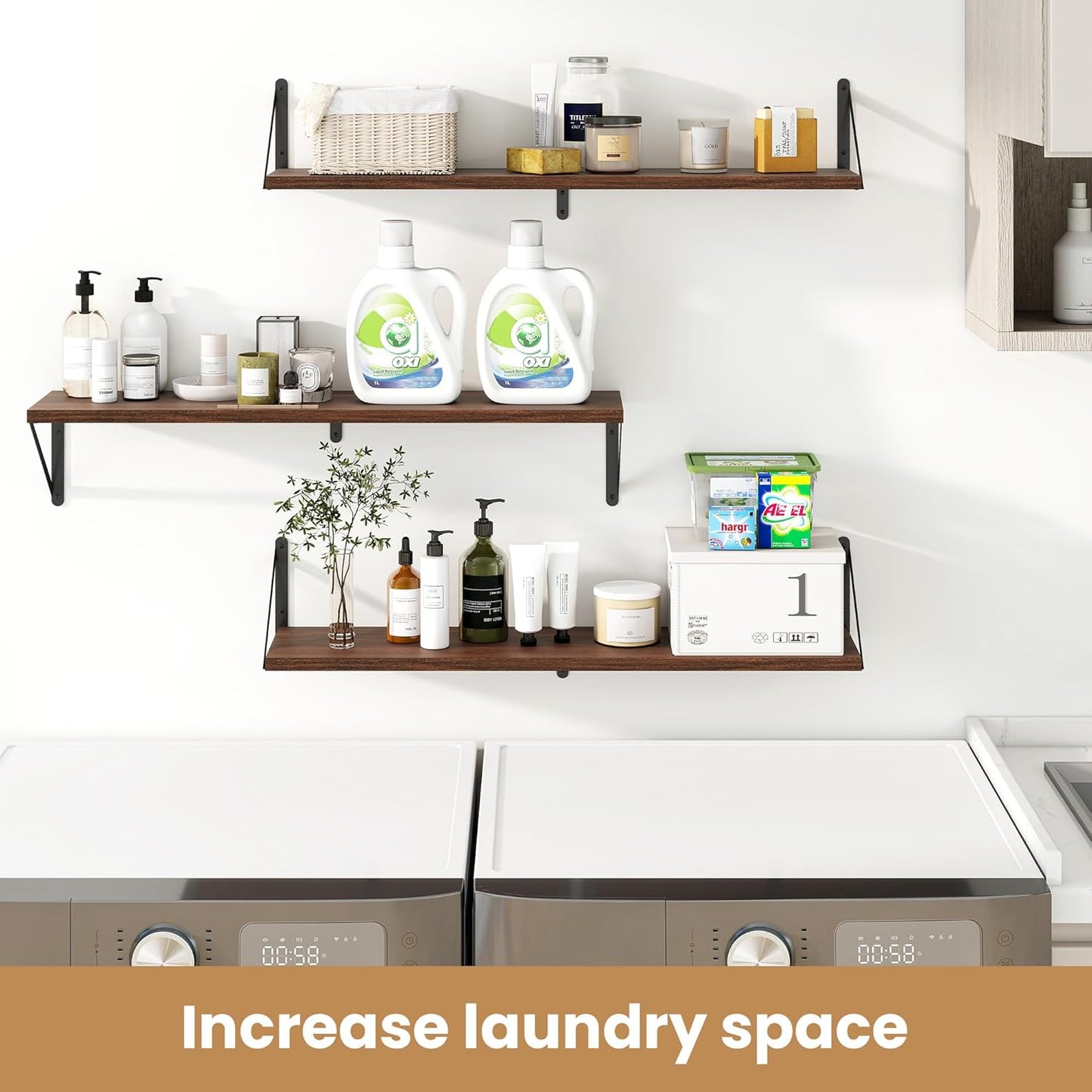 Heimlove 36 Inch Floating Bookshelves Set of 3,Heavy Duty Wall Mounted Bookshelves,Bookshelf for Living Room,Bedroom,Kitchen,Laundry Room Storage & Decor-Walnut Color