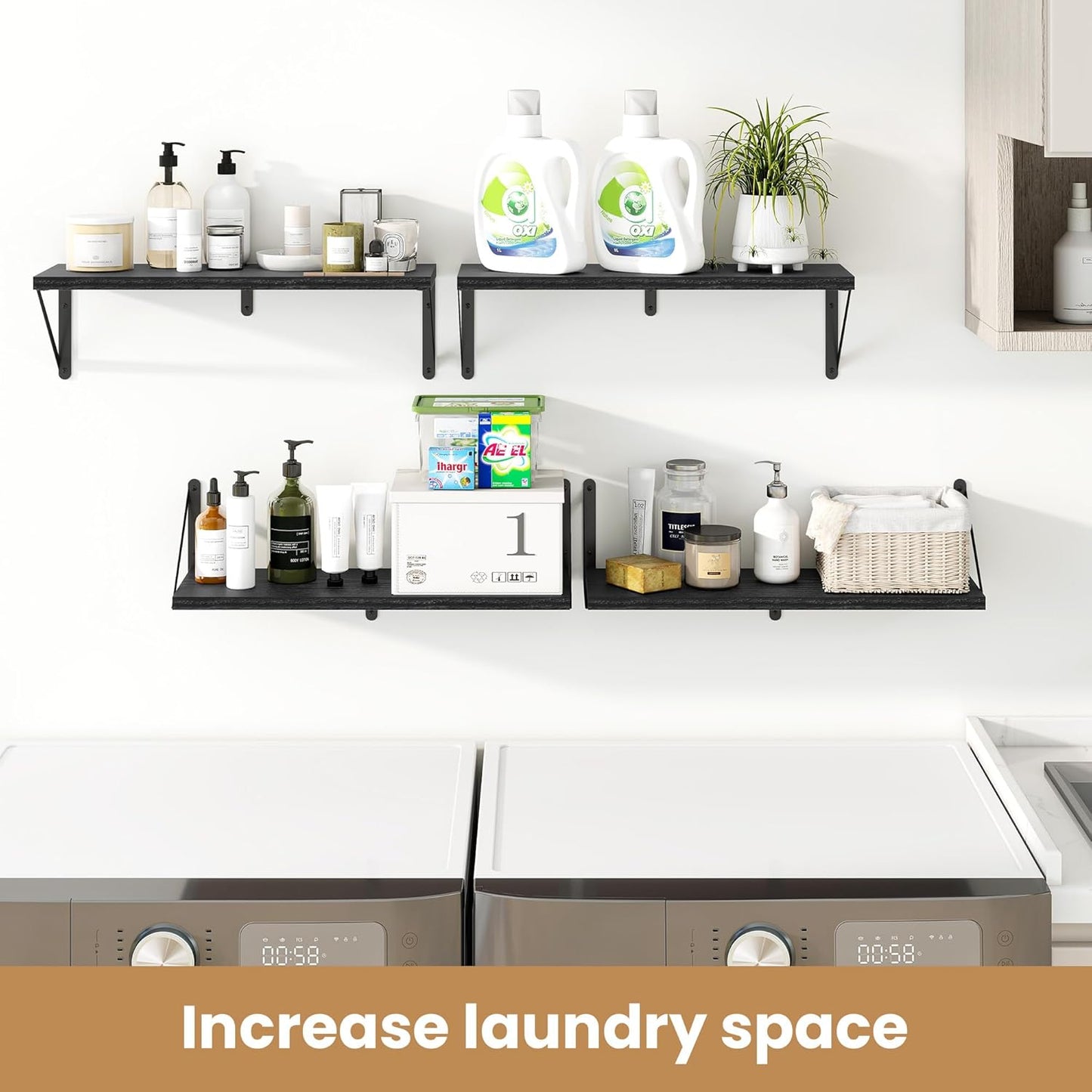 Heimlove 24 Inches Black Floating Shelves,8 Inches Deep Wall Bookshelf Mounted Display&Storage Wood Wall Shelves for Kitchen Bathroom Laundry Living Room,Set of 3