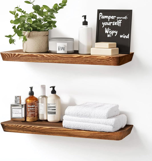24"x6.8"x1.6" Slanted Floating Wall Shelves 2-Pack - Rustic Brown Finish, Heavy-Duty Solid Wood Design with Hidden Brackets - Perfect for Living Room, Kitchen, Bathroom, or Office