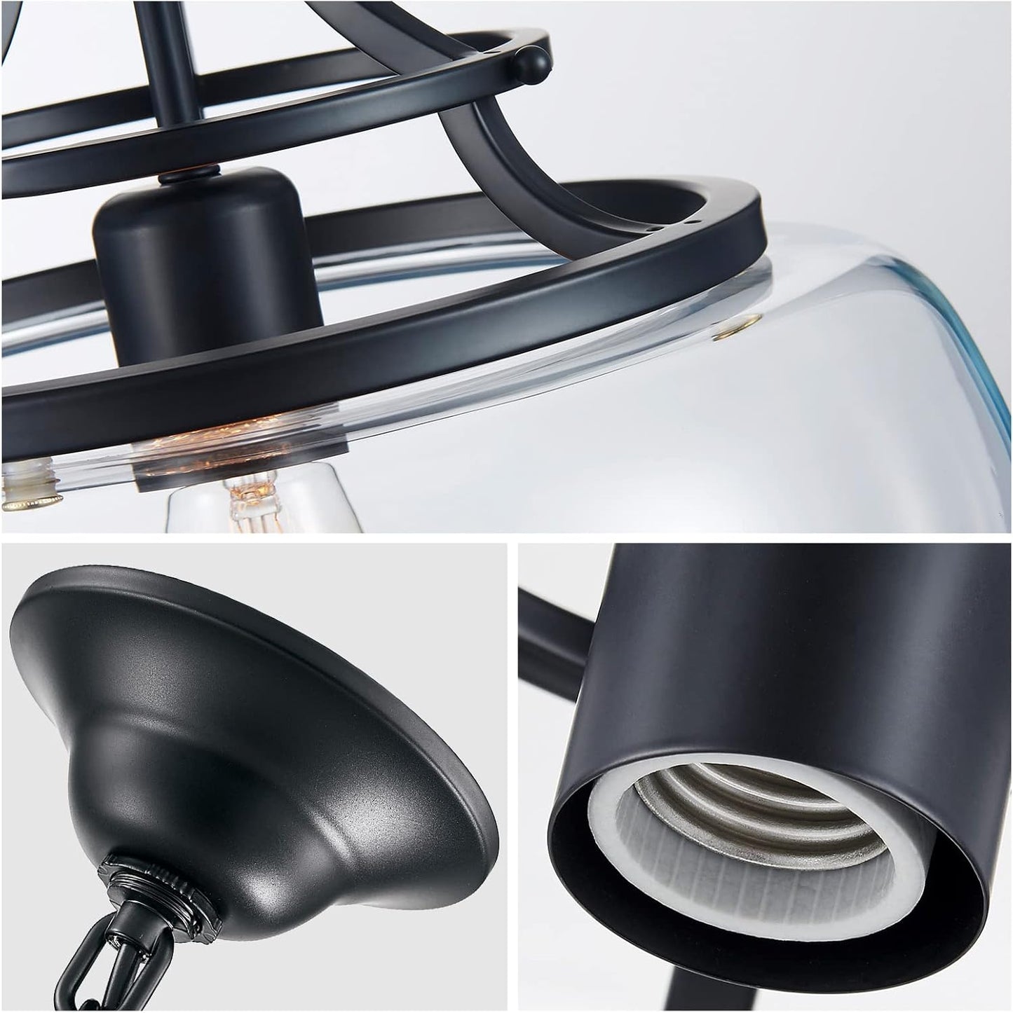 WUZUPS Chandelier Rustic Farmhouse Industrial Round Ceiling Pendant LED Light Fixture with Clear Glass Shades for Dining Room Kitchen Island Foyer Entryway, H 17" x W 13.4", E26 Base, Black