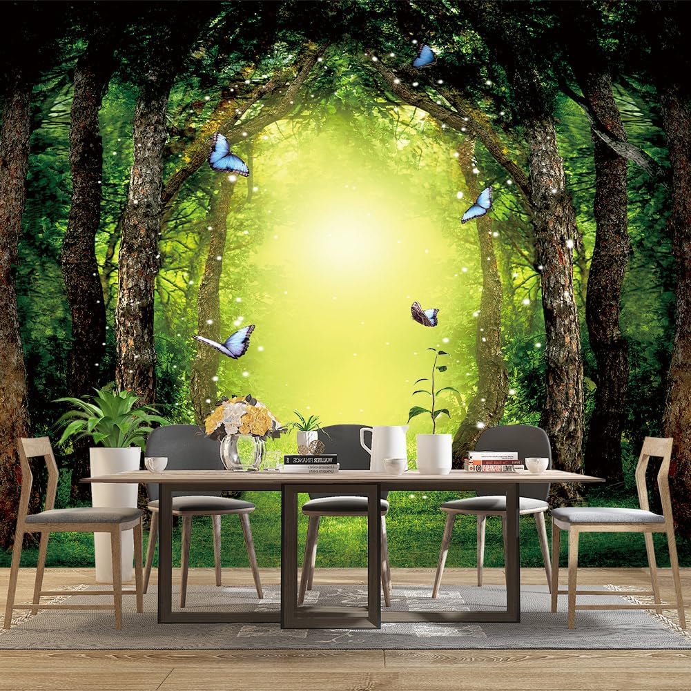 Classy Dream Butterfly Forest Tree Wallpaper for Bedroom Jungle Woodland Wall Mural Living Room Large Woods Adhesive Fabric decorr - 137"x96"（Not Peel and Stick）