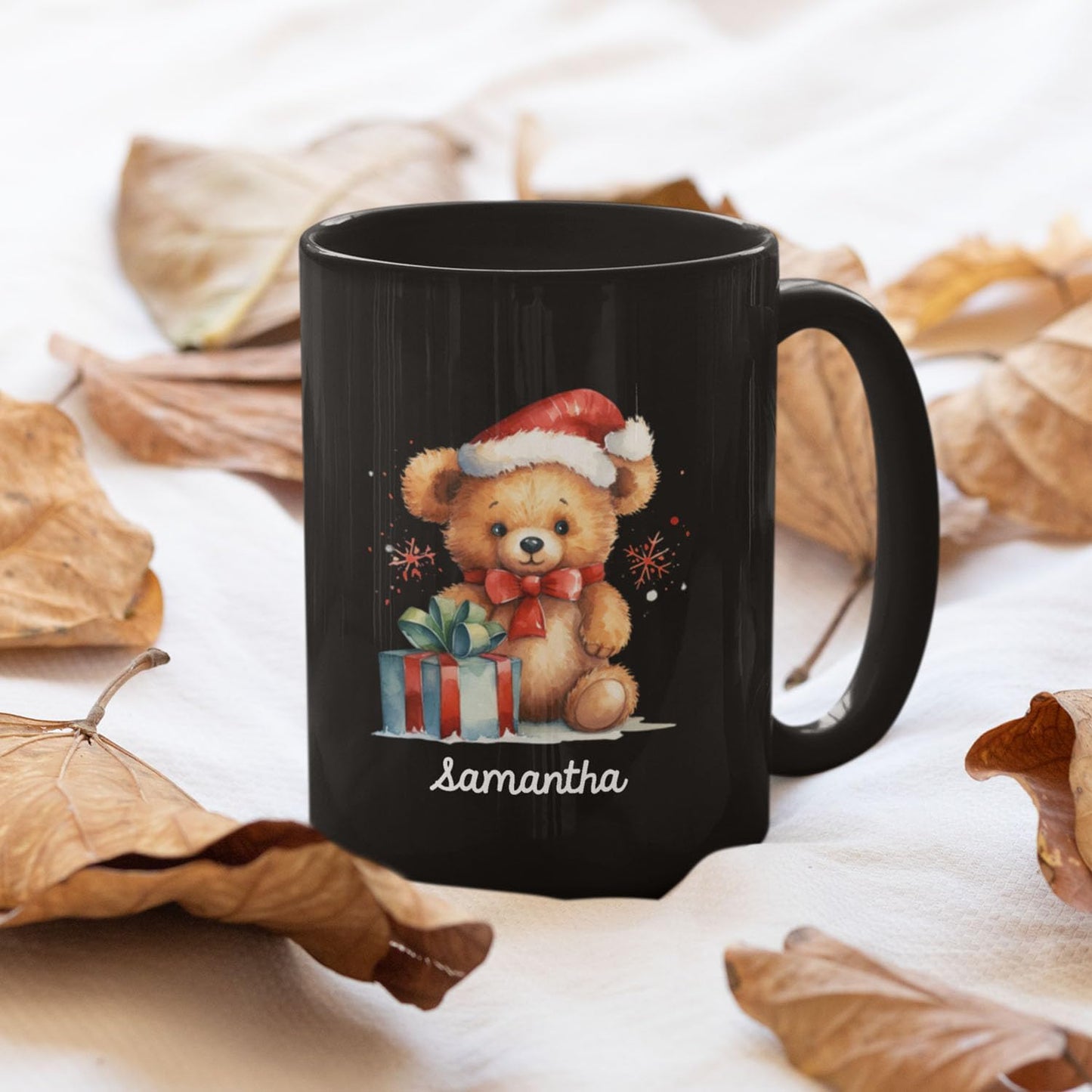 Custom Name Xmas Teddy Bear Cup, Personalized Christmas Teddy Bear Mug, Black Mug With Santa Hat Design - 11oz & 15oz, Gift For Men & Women