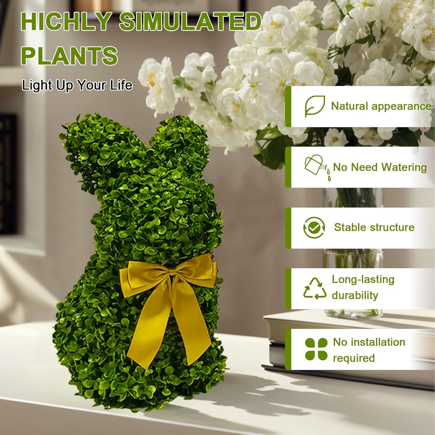 2 Pcs Artificial Bunny Shaped Topiary Trees, Artificial Green Boxwood Bunny Decorations with Gold Bow, Perfect for Indoor & Outdoor Front Porch, Easter& Garden Decor (Bunny Tree Without Base)