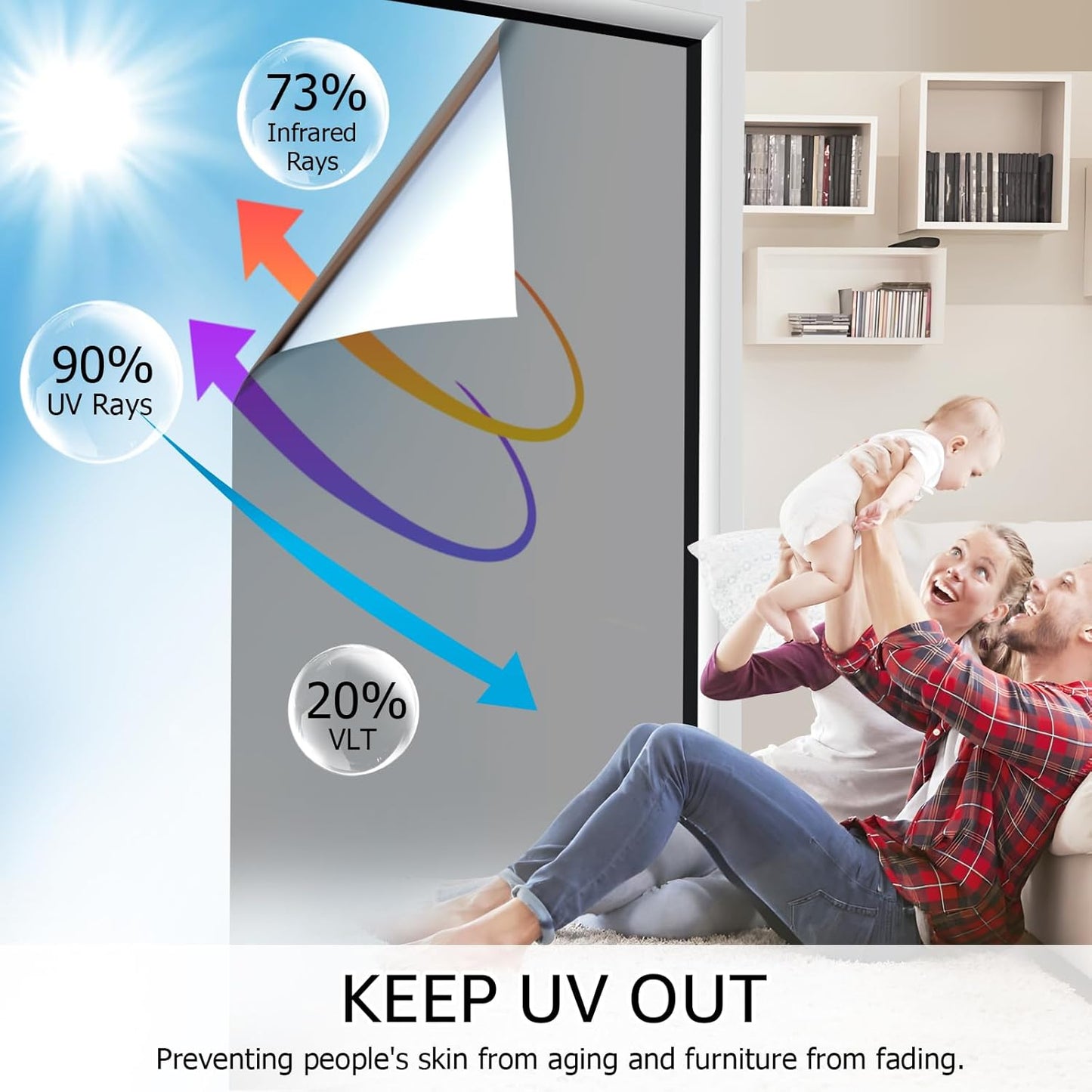 HIDBEA One Way Window Film, Daytime Privacy Sun Blocking Reflective Window Film No Glue Static Cling Heat Control Window Tinting Film for Home and Office, Gray Silver, 17.3 x 78.7 Inch