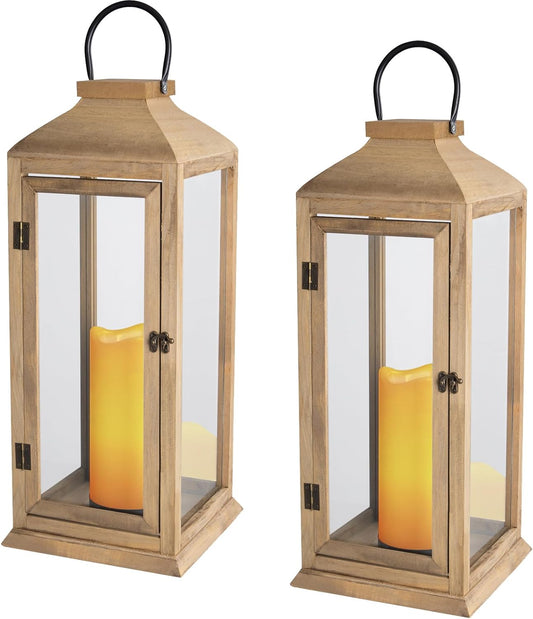Bdor 2 Pack Lanterns Decorative - 27.5in New Zealand Pine Lanterns Decorative with Flameless Pillar Candles, Decorative Lanterns for Home Decor, Indoor Outdoor, Front Porch, Garden, Farmhouse Style