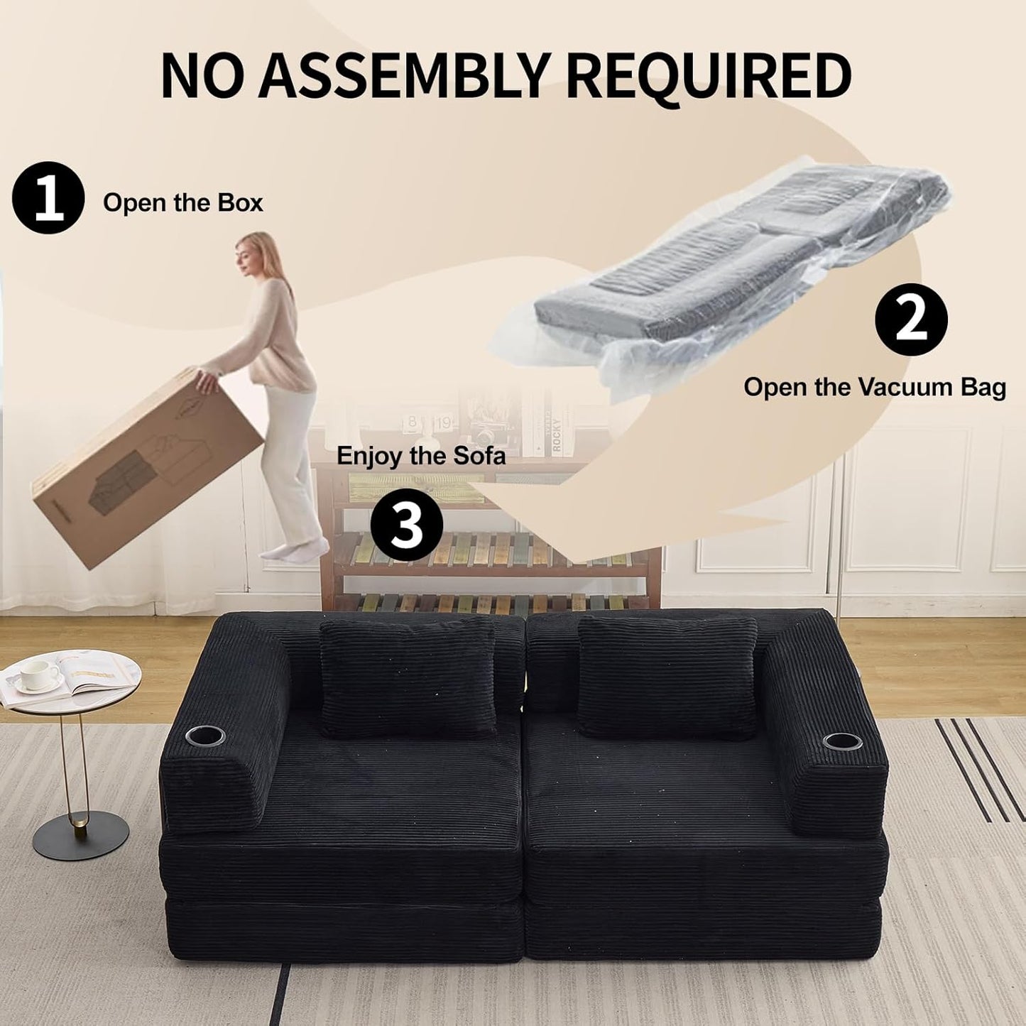 78" W Loveseat Sofa, 4 in 1 Convertible Floor Sofa Bed, Boneless Cloud Couch with Cup Holder, Fold Out Floor Couch, Loveseat Recliner Sleeper for Living Room Bedroom Lounge(Corduroy, White)