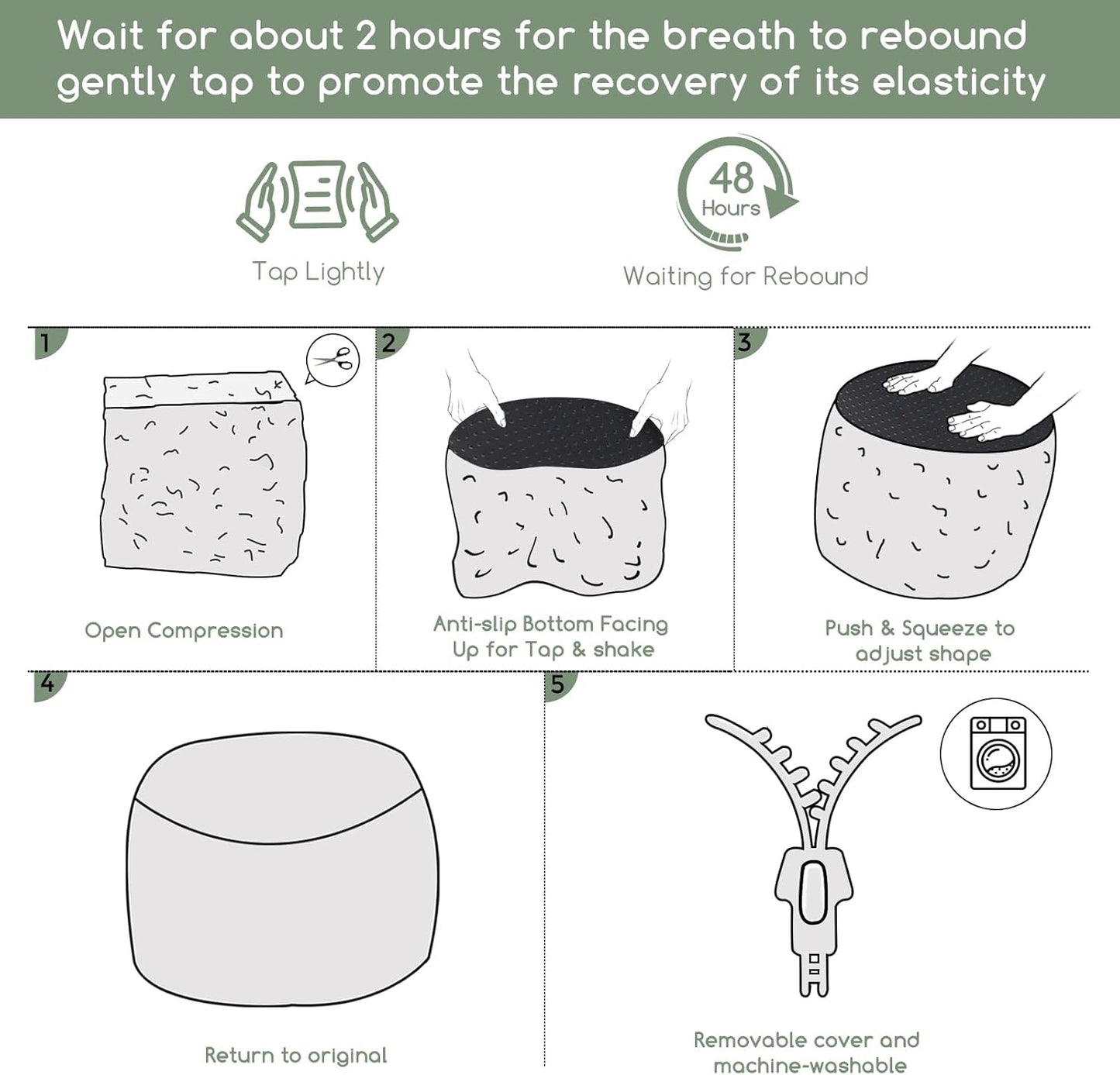 HIGOGOGO Round Stuffed Pouf Ottoman, Corduroy Poufs with Foam Chunk Filling, Furry and Fluffy Pouf Foot Stool Storage Ottoman, 26 X 18 Floor Poufs Foot Rest for Living Room, Green