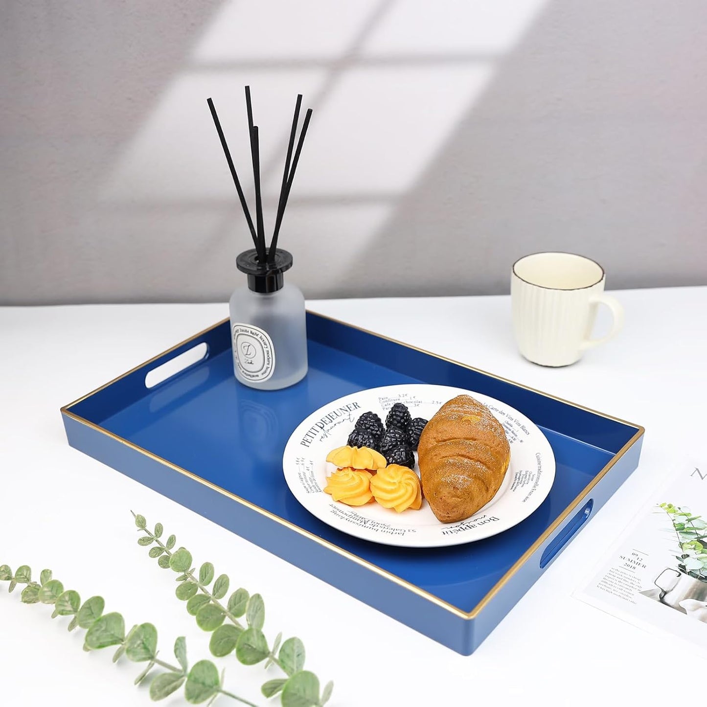 Spsyrine Blue Decorative Serving Tray with Handles, Elegant Plastic Coffee Table Tray for Ottoman, Living Room, Home Decor 15.6" X 10.2"