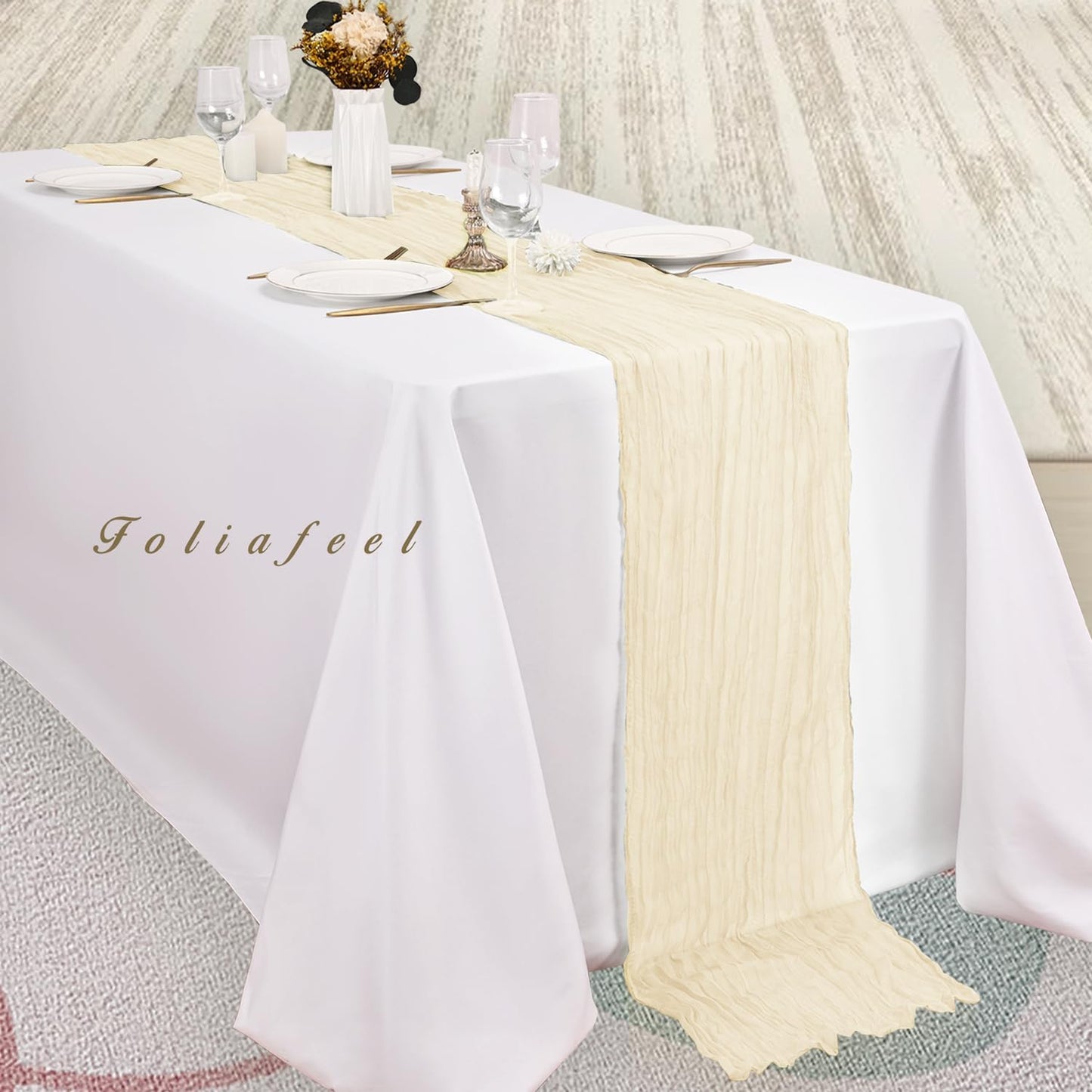10FT 12 Pack Beige Cheesecloth Table Runner 20 x 120 Inch Long Rustic Gauze Fabric Cheese Cloth Table Runner for Wedding Bridal Baby Shower Table Decorations Boho Sheer Birthday Party Table Decor
