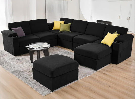 Modular Sectional Sofa Couch for Living Room Velvet Cloud Couches Oversized U Shaped Sectional Couch Convertible Sleeper Sofa Chaise Padded Armrests Cup Holder (Black, 8 Seats)