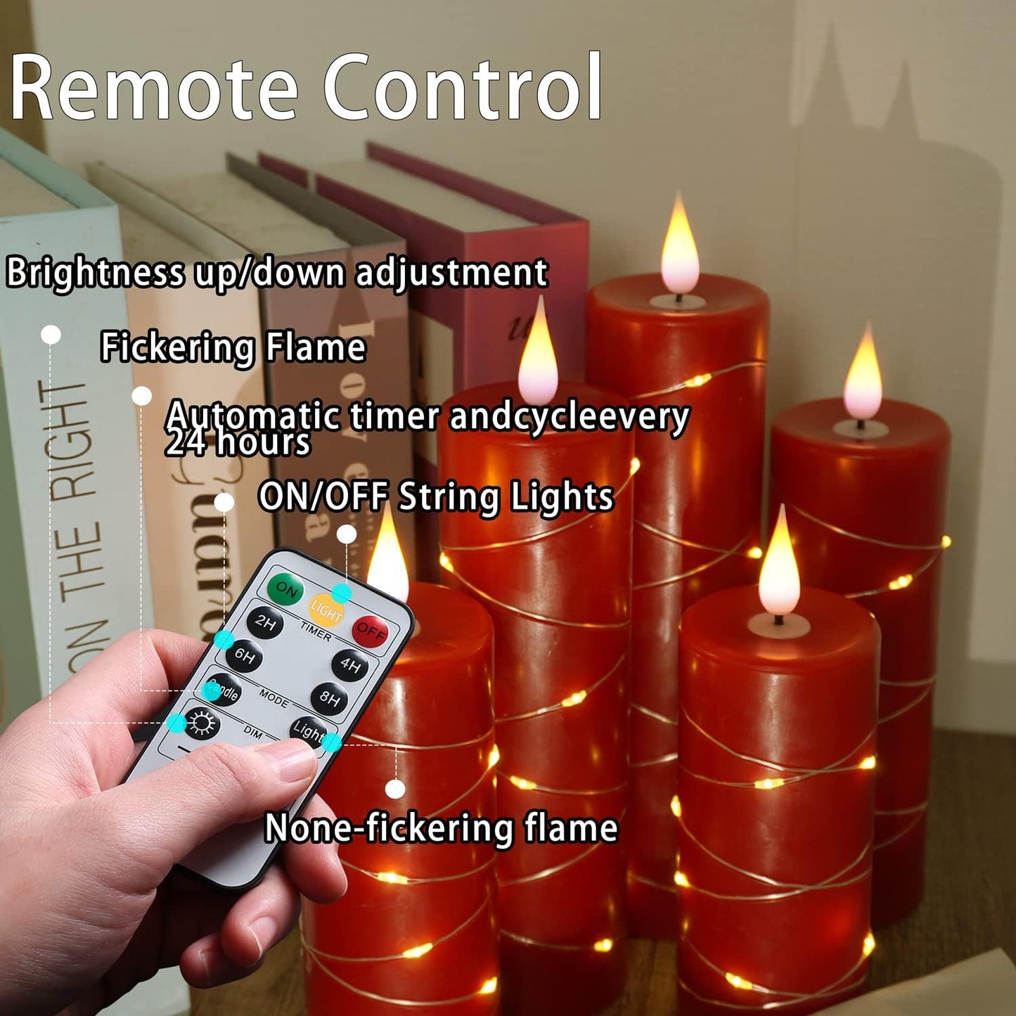 Red Flameless Candle with Remote Control LED Candle with String Lights Battery Powered Flameless Candle4'' 5'' 6'' 7'' 8'' Candles of 5 Pcs