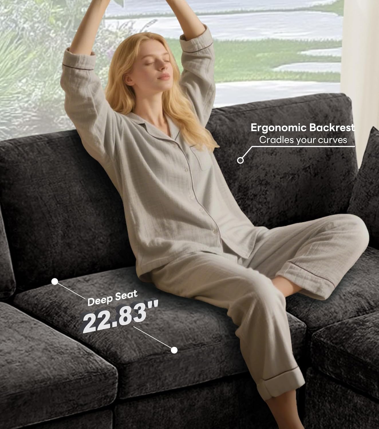 Tbfit 85" Convertible L Shaped Couch, Sectional Sofa for Living Room,Chenille Cloud Couch with Ottoman 4 Seat, Black